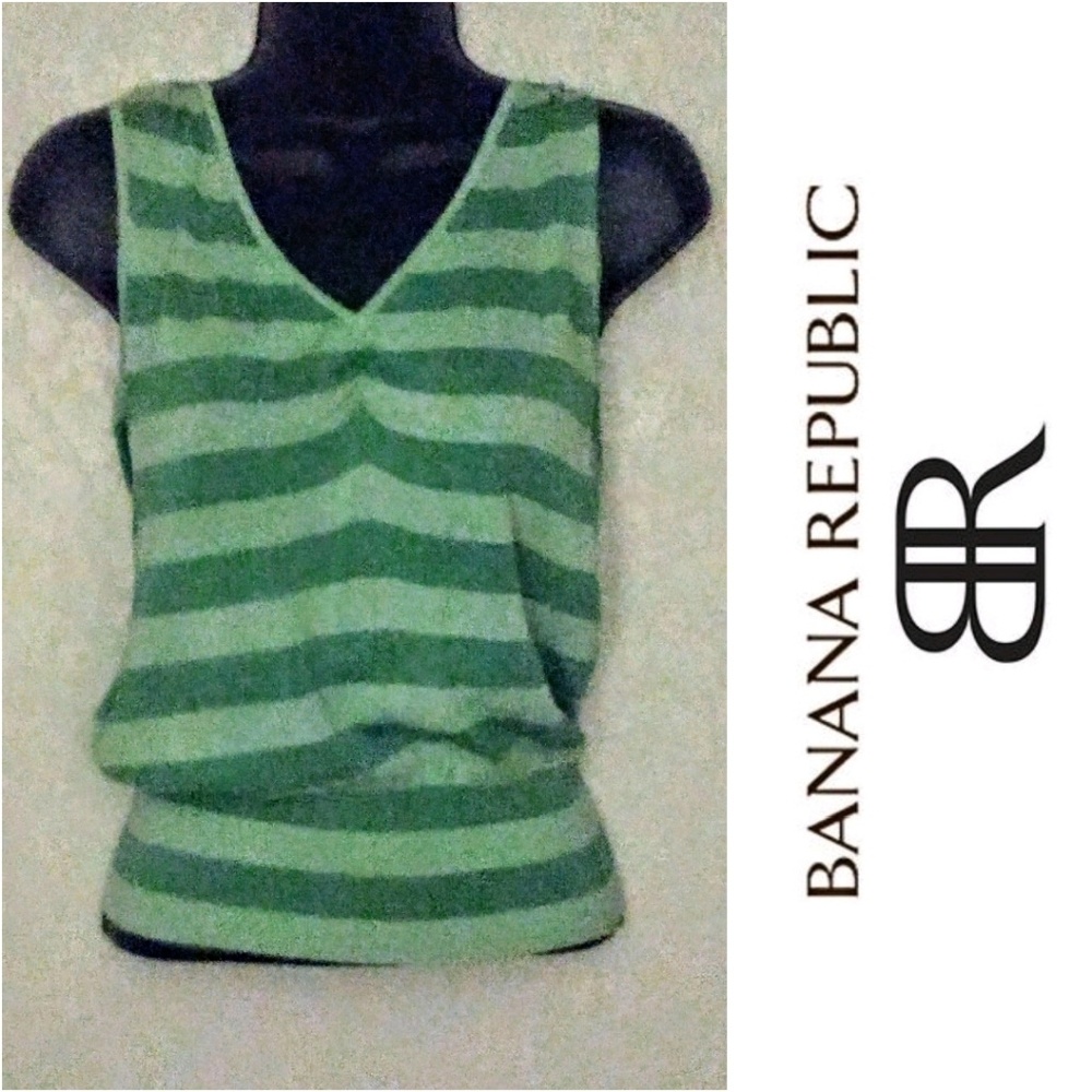 Banana Republic Green Striped Sleeveless V-Neck